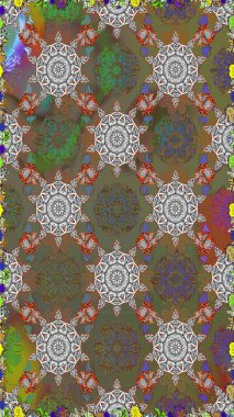 Parlak renkli çiçekleri ve kahverengi ve gri renkli yaprakları olan şaşırtıcı, pürüzsüz çiçek deseni. Halk tarzı. Moda baskıları için zarif bir şablon. Modern çiçek arkaplanı.