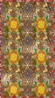 Raster illüstrasyonu. El çizimi çiçekli soyut çizim kalıbı. Kahverengi renkte çiçekler.