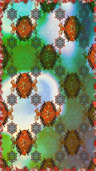 Moda baskıları için zarif bir şablon. Parlak renkli çiçekleri ve yeşil ve kahverengi renkte yaprakları olan şaşırtıcı, pürüzsüz çiçek deseni. Halk tarzı. Modern çiçek arkaplanı.