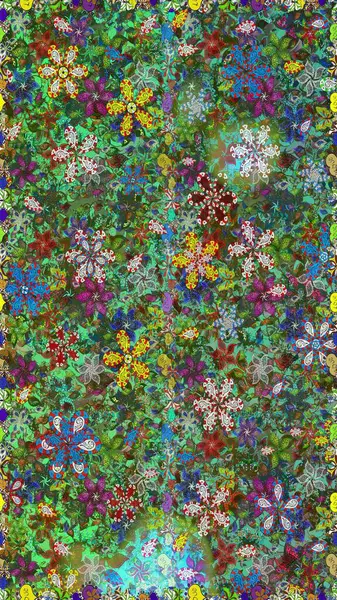 Çiçeksiz desenli arka plan, darbeler, sıçramalar, yaz çiçekleri. Yeşil ve kahverengi renkli çiçekler. Raster illüstrasyonu.