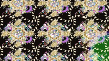 Eski usul. Kumaş, tekstil, duvar kağıdı baskısı için. Raster illüstrasyonu. Renkli desenli eskiz deseni, siyah çiçekler ve dekoratif elementlerle. Taslak arkaplan.