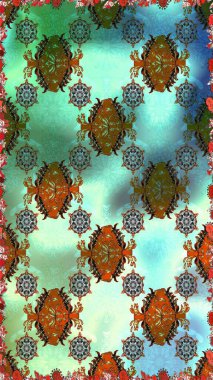 Raster illüstrasyonu. Çiçek deseni. Şatafatlı bahar bahçesi dokusu. Yeşil ve mavi renkte çiçekler. Çiçeksiz yeşil ve mavi renkler.