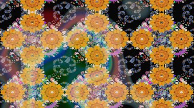 Raster illüstrasyonu. Raster deseni. Nazikçe, sarı renkte bahar çiçekleri. Patlayan çiçekler soyut yerleştirilmiş.