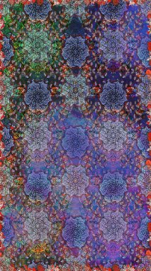 Düz Çiçek Elementleri Tasarımı. Mor ve mavi renkte çiçekler. Renkli Bahar Temalı Kusursuz Arkaplan. Raster illüstrasyonunda kusursuz çiçek deseni.