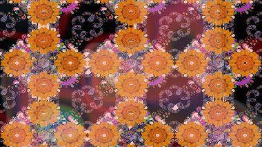 Raster Çiçek İllüstrasyonu güzel tekstil. Turuncu renkli etnik çiçeklerle zarif bir eskiz deseni..