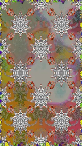 Düz Çiçek Elementleri Tasarımı. Renkli Bahar Temalı Kusursuz Arkaplan. Gri ve kahverengi renkli çiçekler. Raster illüstrasyonunda kusursuz çiçek deseni.