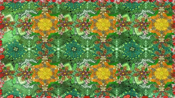 Kumaş desenli papatya çiçeği detayı. Yeşil renkte çiçekler.