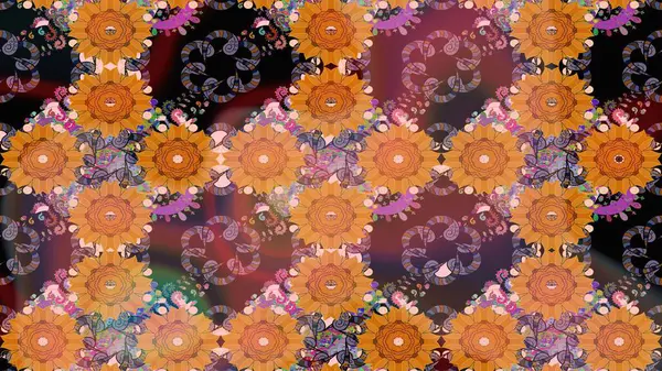 Raster Çiçek İllüstrasyonu güzel tekstil. Turuncu renkli etnik çiçeklerle zarif bir eskiz deseni..