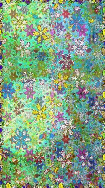 Raster illüstrasyonunda kusursuz çiçek deseni. Yeşil ve mavi renkte çiçekler.