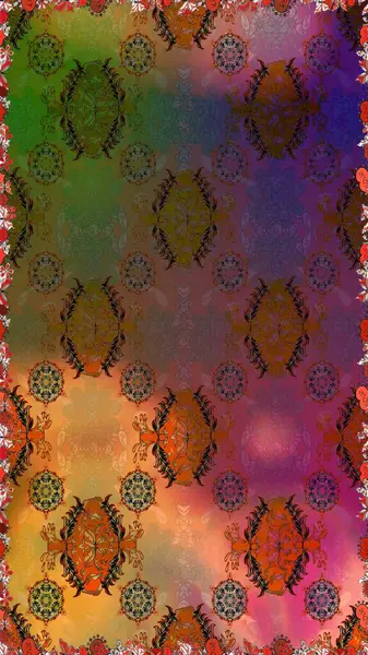 Eski moda arka plan. Güzel, parlak, pürüzsüz kumaş, tuval. Çiçek çelengi. Şablon, pürüzsüz, çiçekli kenar. Kıvırcık, parlak örgü. Raster illüstrasyonu.