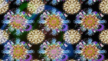 Çok mavi ve siyah zarif küçük çiçekler ve mavi ve siyah renkli komik böcekler, raster deseni, illüstrasyon.