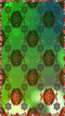 Raster illüstrasyonu. Yeşil ve kahverengi renklerde. Çiçek buketleriyle klasik tarzda kusursuz desen.