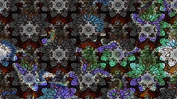 Parlak renkli fantezi çiçekleri, yapraklar, siyah renkli tomurcuklar. Suluboya el çizimi elementli çiçek çizimi deseni.