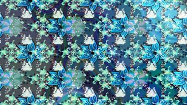 Raster - stok. Eskiz arkaplan modeli. Yapraklı çiçekler ve mavi renkli papatya çiçekleri..