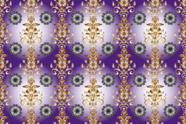 Barok tarzında altın çiçekli süs. Damask arkaplanı. Menekşe, nötr ve bej renklerde altın bir element. Altın çiçekli, pürüzsüz desen.