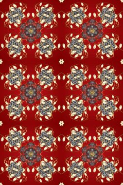 Altın elementli kırmızı, kahverengi ve gri renklerde kusursuz klasik desen. Kırmızı, kahverengi ve gri renklerde altın sarısı desenler. Noel, kar tanesi, yeni yıl.