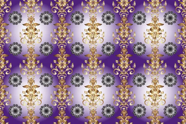 Barok tarzında altın çiçekli süs. Damask arkaplanı. Menekşe, nötr ve bej renklerde altın bir element. Altın çiçekli, pürüzsüz desen.