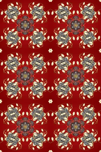Altın elementli kırmızı, kahverengi ve gri renklerde kusursuz klasik desen. Kırmızı, kahverengi ve gri renklerde altın sarısı desenler. Noel, kar tanesi, yeni yıl.