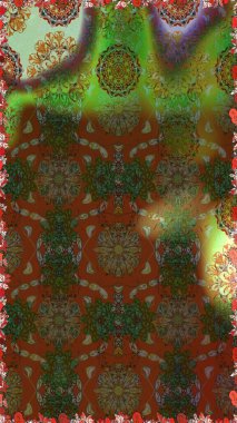 Raster illüstrasyonu. Kahverengi ve yeşil renklerde bahar çiçekleri. Patlayan çiçekler soyut olarak yerleştirilmiş. Raster deseni.