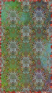 Raster illüstrasyonu. Raster çiçekleri klasik tarzda çizilmiş. Yumuşak, yeşil ve kahverengi renklerde bahar çiçekleri. Çiçekli, pürüzsüz desen.