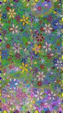 Raster Floral Illustration, Asyalı tekstil. Yeşil ve mavi renkte etnik çiçeklerle kusursuz bir desen..