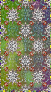 Renkli Bahar Temalı Kusursuz Arkaplan. Yeşil ve gri renkli çiçekler. Düz Çiçek Elementleri Tasarımı. Raster illüstrasyonunda kusursuz çiçek deseni.