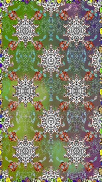 Renkli Bahar Temalı Kusursuz Arkaplan. Yeşil ve gri renkli çiçekler. Düz Çiçek Elementleri Tasarımı. Raster illüstrasyonunda kusursuz çiçek deseni.