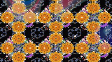 El çizimi. Raster illüstrasyonu. Güzel kumaş deseni. Çiçekler, dallar, otlar ve çiçekler.