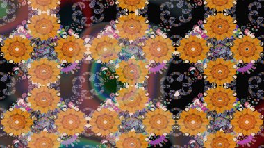 Raster illüstrasyonu. Asya tekstil tarzında. Düz Çiçek Elementleri Tasarımı. Renkli Bahar Teması eskiz kalıbı. Turuncu renkli çiçekler. Çiçek desenini çiz.
