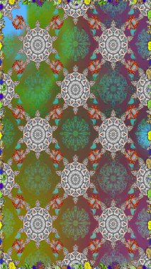 Çiçek yeşili ve gri, pürüzsüz desen. Raster çiçek izi. Raster Yumuşak kumaş deseni. Klasik taslak çizimi.