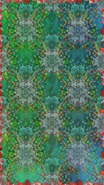 Tekstil, kumaş, kapaklar, duvar kağıtları, baskı, naylon, yapıştırma, örgü, dekupaj için çiçeksiz arkaplan. Millefleur 'lar. Küçük yeşil ve mavi renkte güzel bir besin torbası deseni, çiçekler..