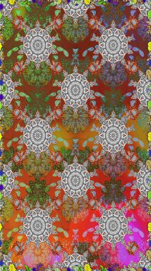 Renkli Yaz Temalı Kusursuz Arkaplan. Düz Çiçek Elementleri Tasarımı. Kahverengi ve gri renkli çiçekler. Raster illüstrasyonunda trendsiz çiçek deseni.