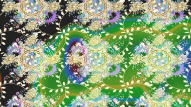 Yeşil renkli bitkilerden oluşan parlak çiçekli çizim deseni.