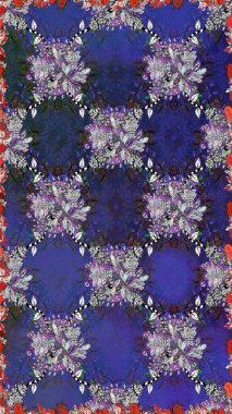 Asya tekstil tarzında. Raster illüstrasyonu. Mor ve gri renkte çiçekler. Kusursuz çiçek deseni. Raster illüstrasyonu.