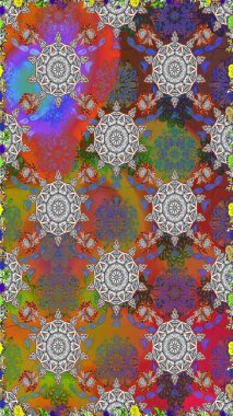 Raster illüstrasyonu. Gri ve kahverengi renkli Asya tekstili. Kusursuz çiçek deseni.