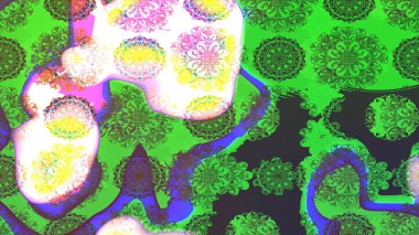 Renkli desenli eskiz deseni, yeşil çiçekler ve dekoratif elementlerle. Eskiz geçmişi. Raster illüstrasyonu. Kumaş, tekstil, duvar kağıdı baskısı için. Antika retro tarzı.