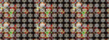 Patlayan çiçekler soyut olarak yerleştirilmiş. Yumuşak, bahar çiçekleri siyah renklerde. Raster deseni. Raster illüstrasyonu.