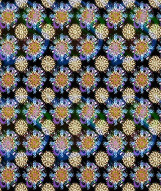 Çok mavi ve siyah zarif küçük çiçekler ve mavi ve siyah renkli komik böcekler, raster deseni, illüstrasyon.