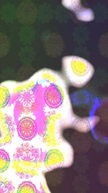 Raster illüstrasyonu. Asya tekstil tarzında. Raster illüstrasyonu. Çiçek desenli çizim. Gri ve yeşil renkte çiçekler.