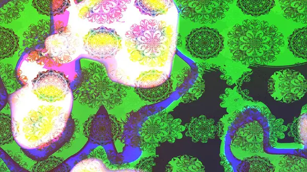 Renkli desenli eskiz deseni, yeşil çiçekler ve dekoratif elementlerle. Eskiz geçmişi. Raster illüstrasyonu. Kumaş, tekstil, duvar kağıdı baskısı için. Antika retro tarzı.