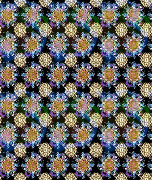 Çok mavi ve siyah zarif küçük çiçekler ve mavi ve siyah renkli komik böcekler, raster deseni, illüstrasyon.