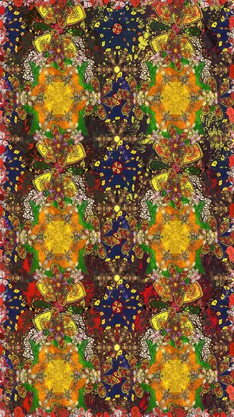 Raster illustration. Flowers on brown and yellow colors. Seamless flowers pattern. Raster illustration. In asian textile style.