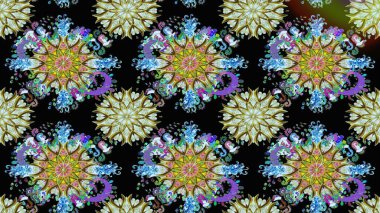 Raster düz çiçekleri pürüzsüz desen. Hediye ambalaj kağıdı, tebrik kartları, posterler ve pankart tasarımı. Siyah ve nötr renkte çiçekler.