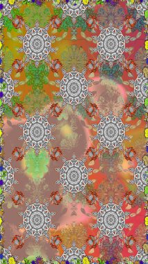 Gri ve bej renklerde etnik çiçeklerle kusursuz bir desen. Asya Tekstil 'inde Raster Çiçek İllüstrasyonu.