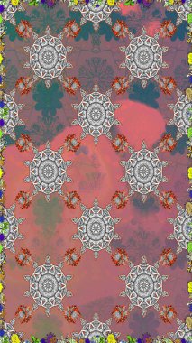 Çiçekli ipek eşarp. El çizimi çiçek unsurları olan soyut, dikişsiz raster deseni. Retro tekstil tasarım koleksiyonu. 1950-1960 motifleri. Pembe ve gri pembe ve gri.