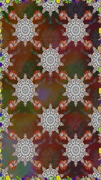 Raster illüstrasyonunda kusursuz çiçek deseni. Kahverengi ve gri renkte çiçekler.