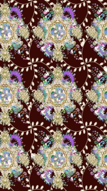 Bir sürü kahverengi ve soyut çiçekli tropik eskiz deseni. Küçük çiçekteki sevimli çiçek deseni. Varicolobrown Raster çizimi.