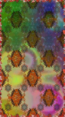 Kumaş desenli papatya çiçeği detayı. Yeşil ve kahverengi renkte çiçekler.