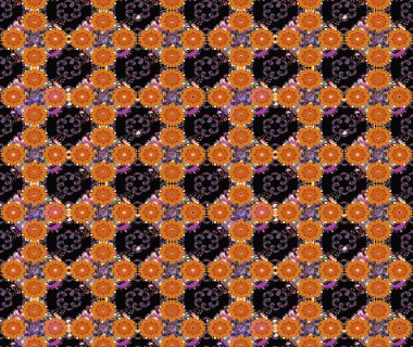 Turuncu ve siyah renkli çiçekler. Kumaş desenli papatya çiçekleri ayrıntıları.