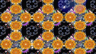 Raster illüstrasyonu. Renkli Bahar Teması eskiz kalıbı. Düz Çiçek Elementleri Tasarımı. Siyah renkli çiçekler. Asya tekstil tarzında. Çiçek desenini çiz.